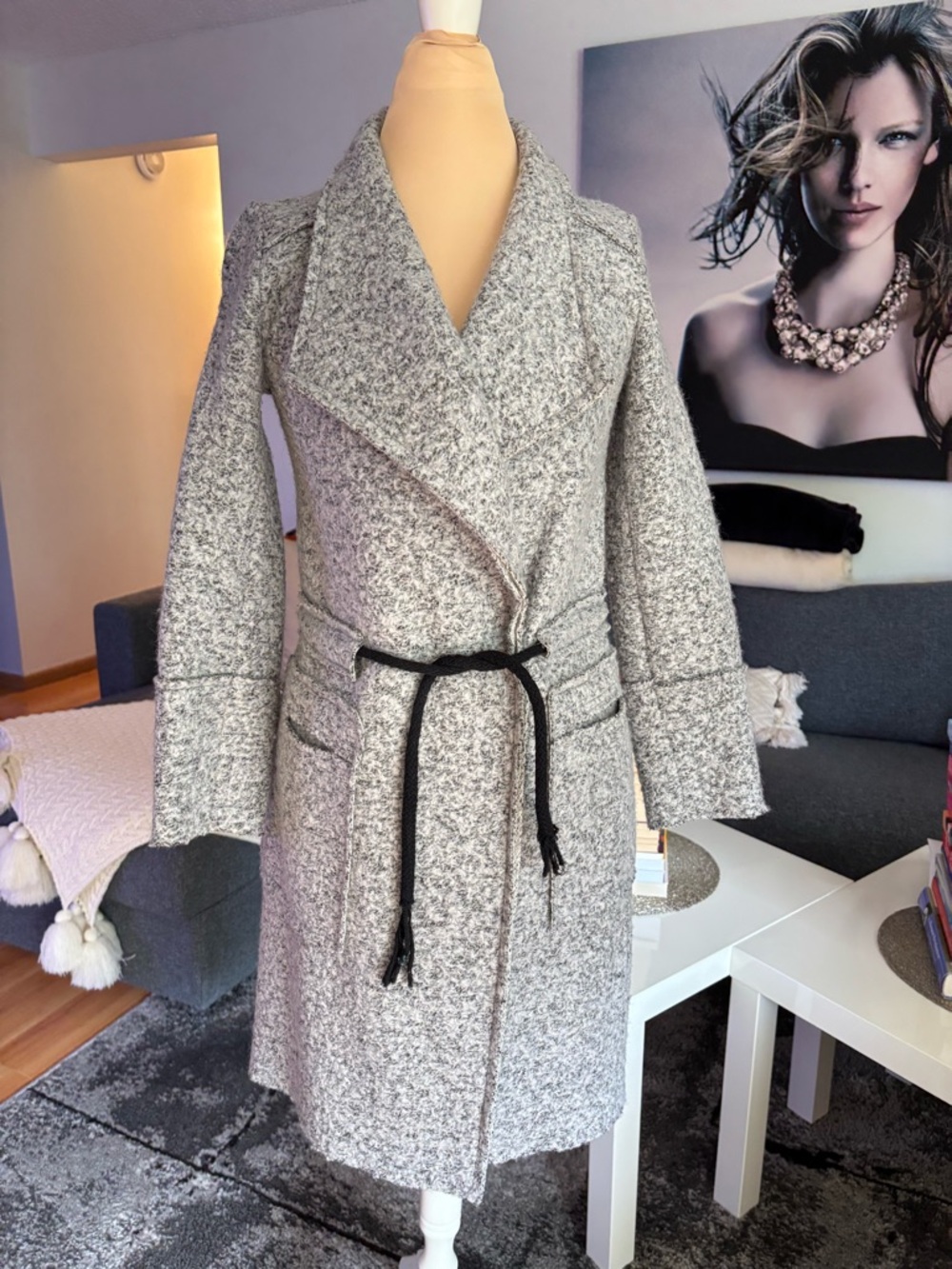 Cocomore Gray Wrap Trench Coat with Black Tie